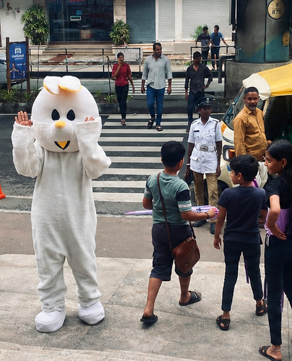 The Cozmic Rabbit mascot waving to children at a street crossing