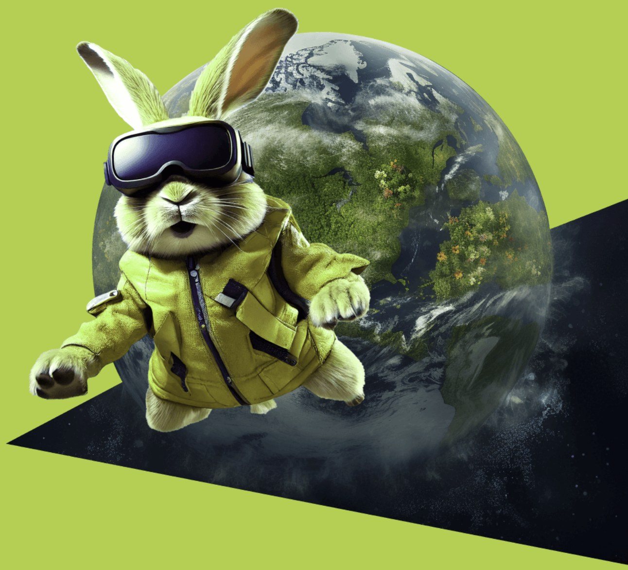 The Cozmic Rabbit in VR goggles and a lime flight jacket leaping past planet Earth