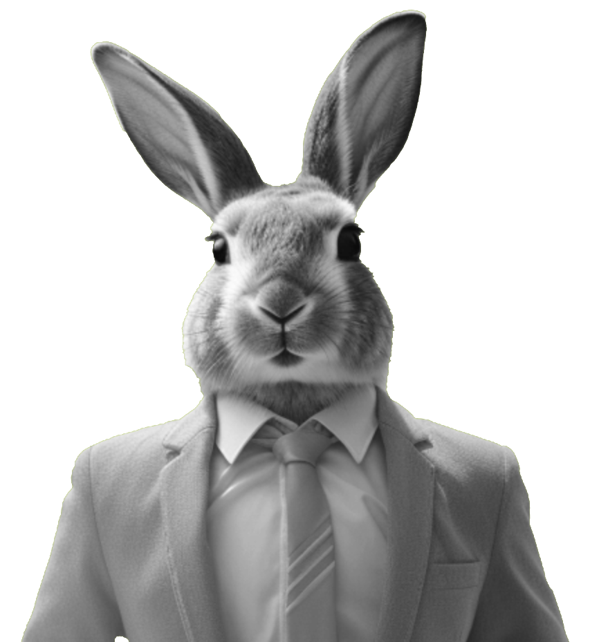 A rabbit in a grey suit and tie looking straight ahead