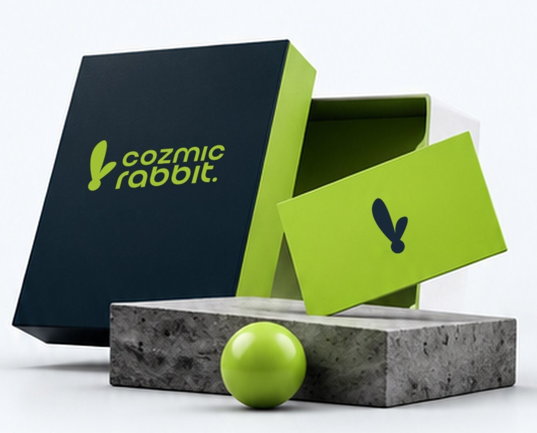 A black and lime Cozmic Rabbit brand box and business card on a stone plinth with a lime sphere