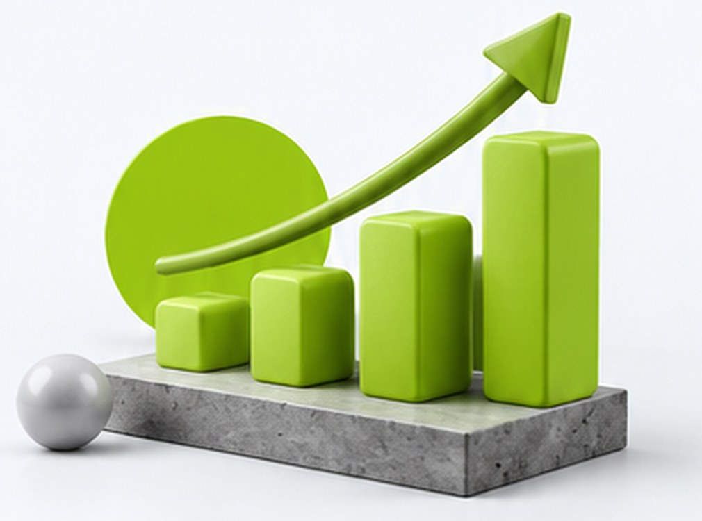 Lime bar chart blocks rising on a stone plinth with a curved arrow pointing up