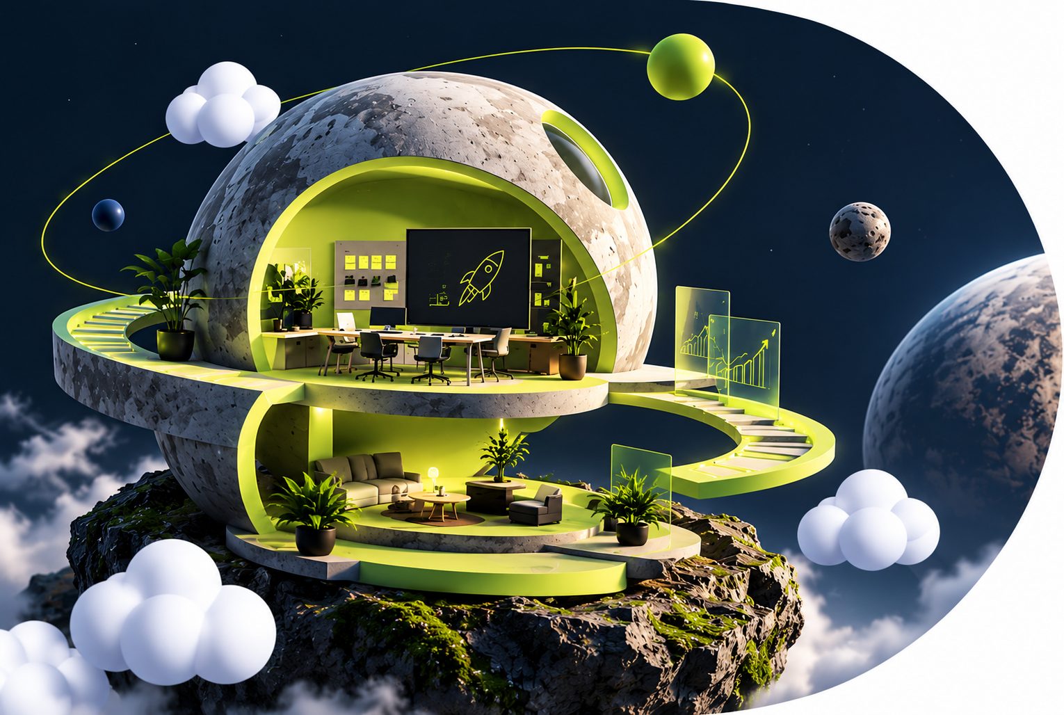 Neon lime office built inside a moon sphere on a floating rock, with orbiting planets and soft clouds