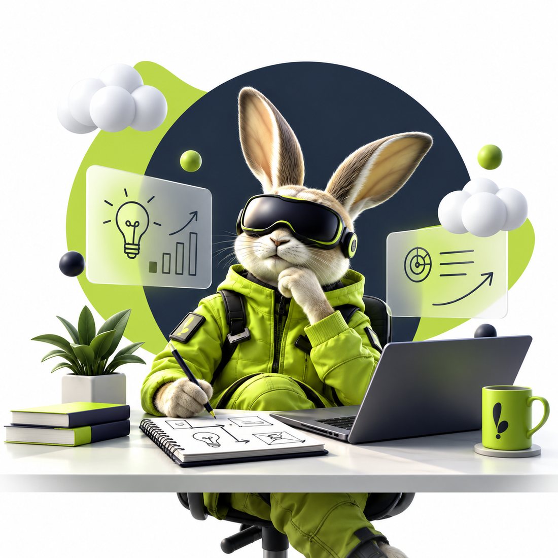 The Cozmic Rabbit at a desk, sketching ideas beside a laptop with floating idea and growth cards